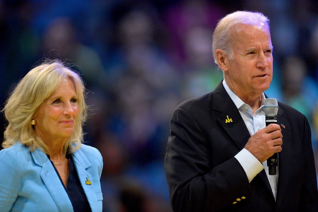 Vice President Joe Biden and his wife, Dr. Jill Biden, talk to athletes, family members and veterans before the start of wheelchair rugby finals match during the 2016 Invictus Games in Orlando, Fla., May 11, 2016. Army photo by Staff Sgt. Alex Manne