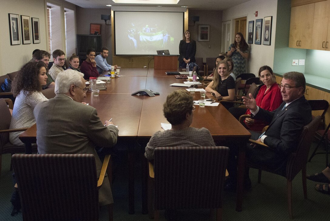 Defense Secretary Ash Carter sits in on a classroom discussion during a visit to Stanford University in Palo Alto, Calif., May 11, 2016. DoD photo by Air Force Senior Master Sgt. Adrian Cadiz