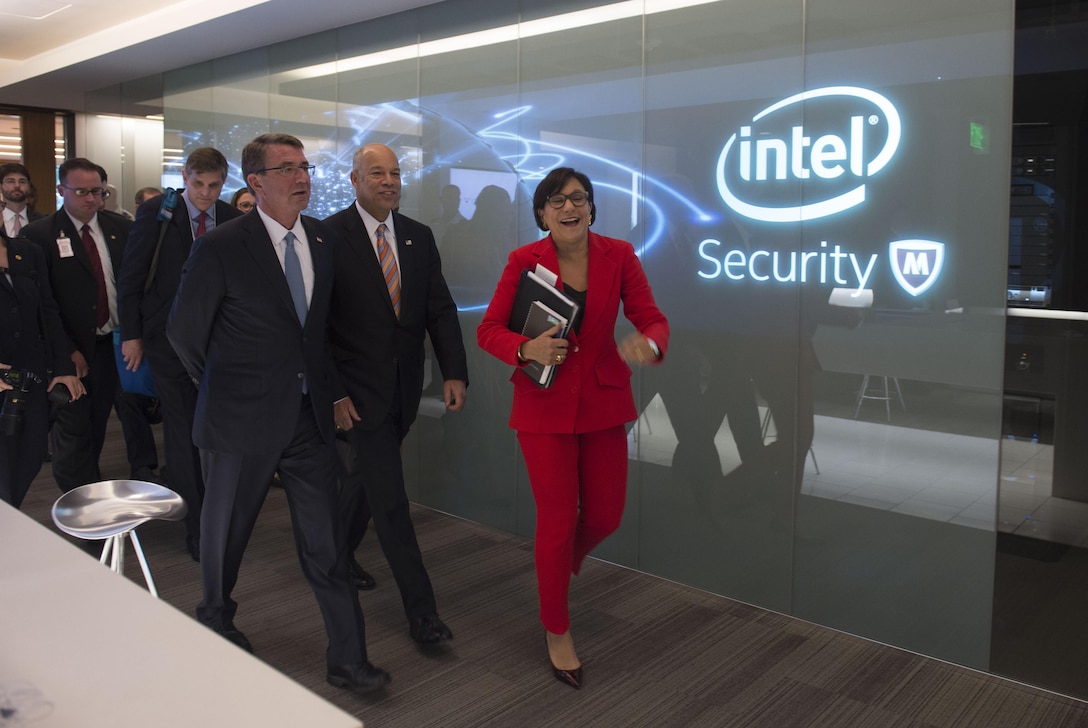 Defense Secretary Ash Carter walks with Homeland Security Secretary Jeh Johnson, center, and Commerce Secretary Penny Pritzker, right, as they make their way to a news conference during the National Security Telecommunications Advisory Committee meeting at Intel Corporation in Santa Clara, Calif., May 11, 2016. DoD photo by Air Force Senior Master Sgt. Adrian Cadiz