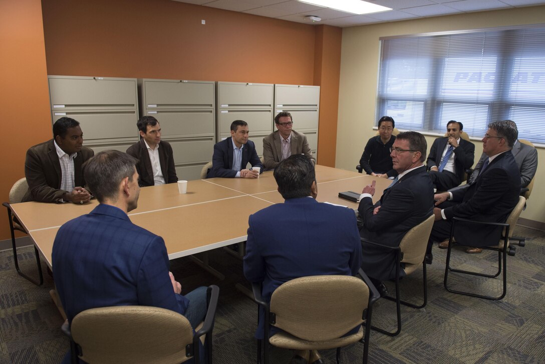 Defense Secretary Ash Carter, center right, speaks with Defense Innovation Unit Experimental leaders in Mountain View, Calif., May 11, 2016. DoD photo by Force Senior Master Sgt. Adrian Cadiz