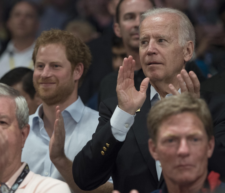 Vice President Joe Biden, right, and Prince Harry watch as the U.S. team defeats Denmark in their finals wheelchair rugby match to win the gold medal during the 2016 Invictus Games in Orlando, Fla., May 11, 2016. DoD photo by Roger Wollenberg