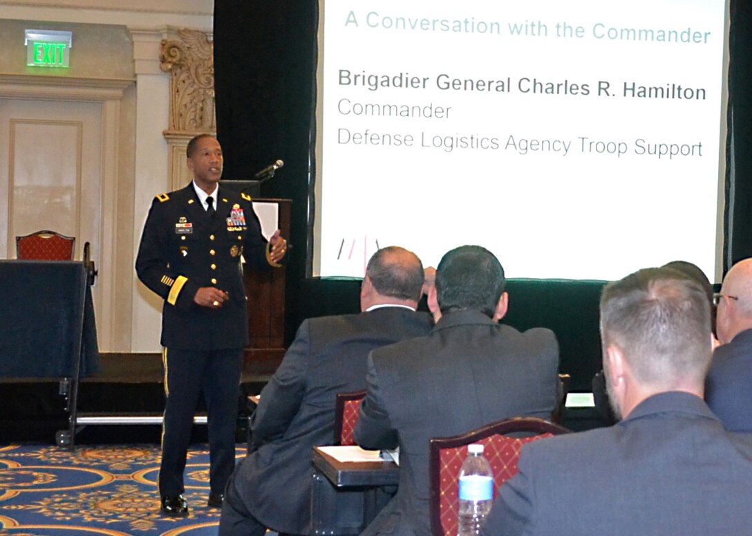 Army Brig. Gen. Charles Hamilton, DLA Troop Support commander, thanks members of the American Apparel and Footwear Association May 10 for helping ensure warfighters have the right clothing and protective equipment. Hamilton address AAFA members during their spring meeting in Philadelphia. 