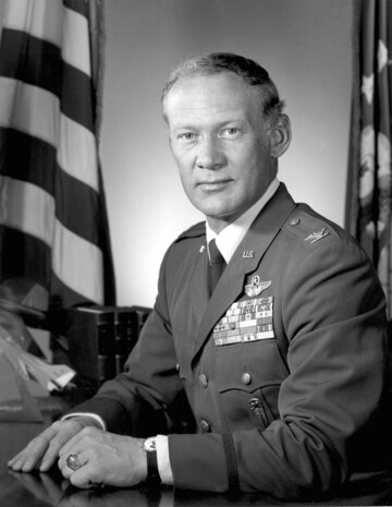 Col. Edwin E. "Buzz" Aldrin, Jr. Aldrin was lunar module pilot for Apollo XI, July 16-24, 1969--the first manned lunar landing mission. He followed Neil Armstrong onto the lunar surface on July 20, 1969. (U.S. Air Force photo)
