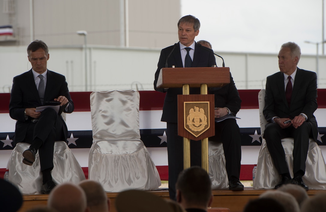 Romanian Prime Minister Dacian Ciolos delivers remarks during the Aegis Ashore Inauguration Ceremony in Deveselu, Romania, May 12, 2016. DoD photo by Navy Petty Officer 1st Class Tim D. Godbee