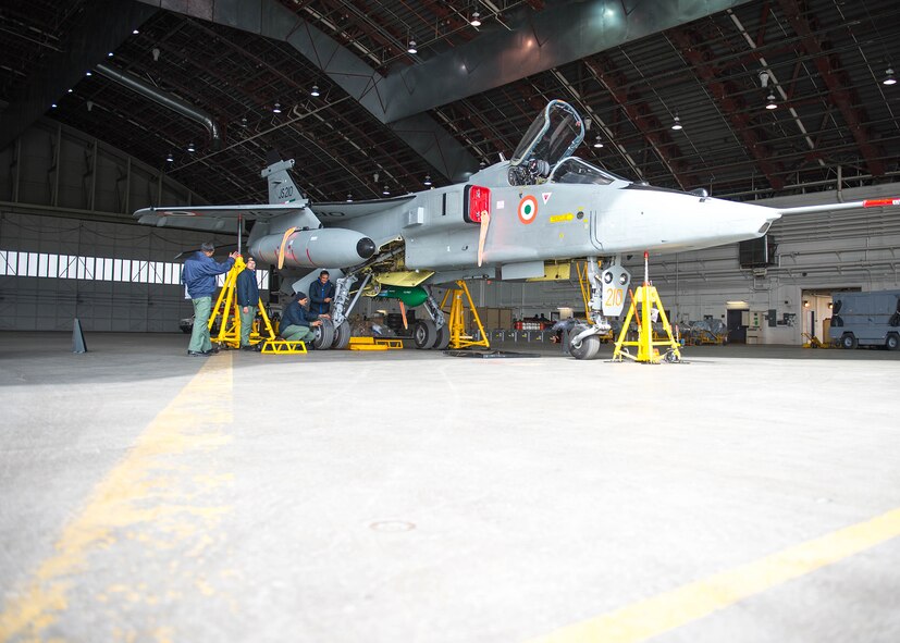 Maintenance airmen from the Indian Air Force, 14 Fighter Squadron (FS) from Ambala Air Base, India, work to change a shock absorber on their Jaguar attack jet aircraft April 29, 2016, at Eielson Air Force Base, Alaska. The 14 FS is one of 23 units from around the world who participated in RED FLAG-Alaska 16-1, a Pacific Air Forces command directed field training exercise for U.S. and allied forces, to provide joint offensive counter-air, interdiction, close air support and large force employment training in a simulated combat environment. (U.S. Air Force photo by Staff Sgt. Shawn Nickel/Released)