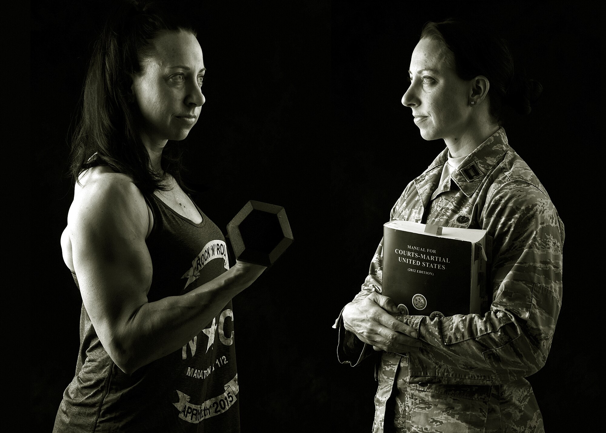 Capt. Leslie Newton, 4th Fighter Wing special victim’s counselor, shows her legal and fitness side, April 22, 2016, at Seymour Johnson Air Force Base, North Carolina. Newton brings her competitive drive to both the gym and the courtroom. (U.S. Air Force photo by Airman Shawna L. Keyes/Released)