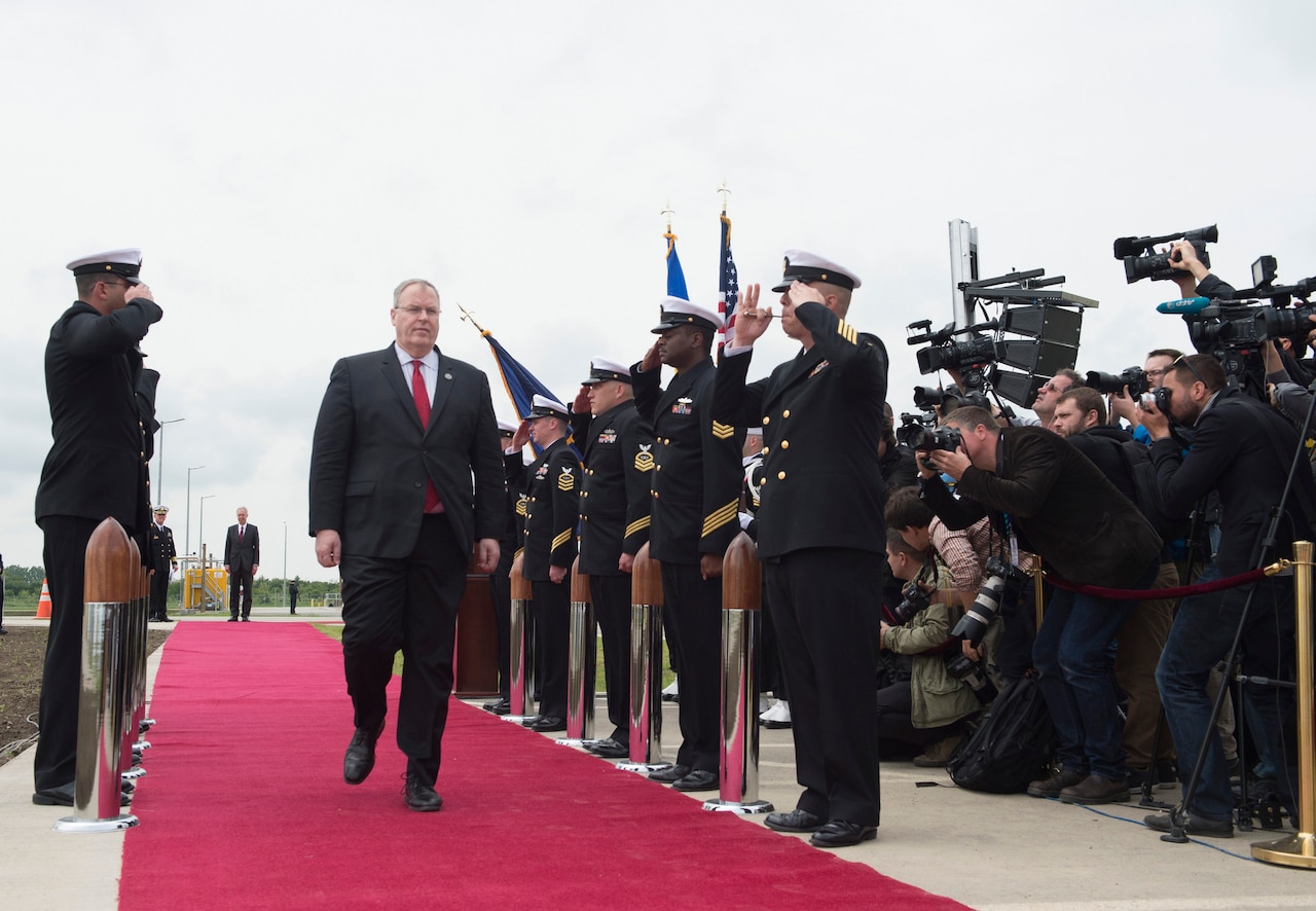 Deputy Defense Secretary Bob Work arrives at the Aegis Ashore inauguration ceremony in Deveselu, Romania, May 12, 2016. The site part of NATO's ballistic missile defense system aimed at protecting the 28 members of the alliance. DoD photo by Navy Petty Officer 1st Class Tim D. Godbee