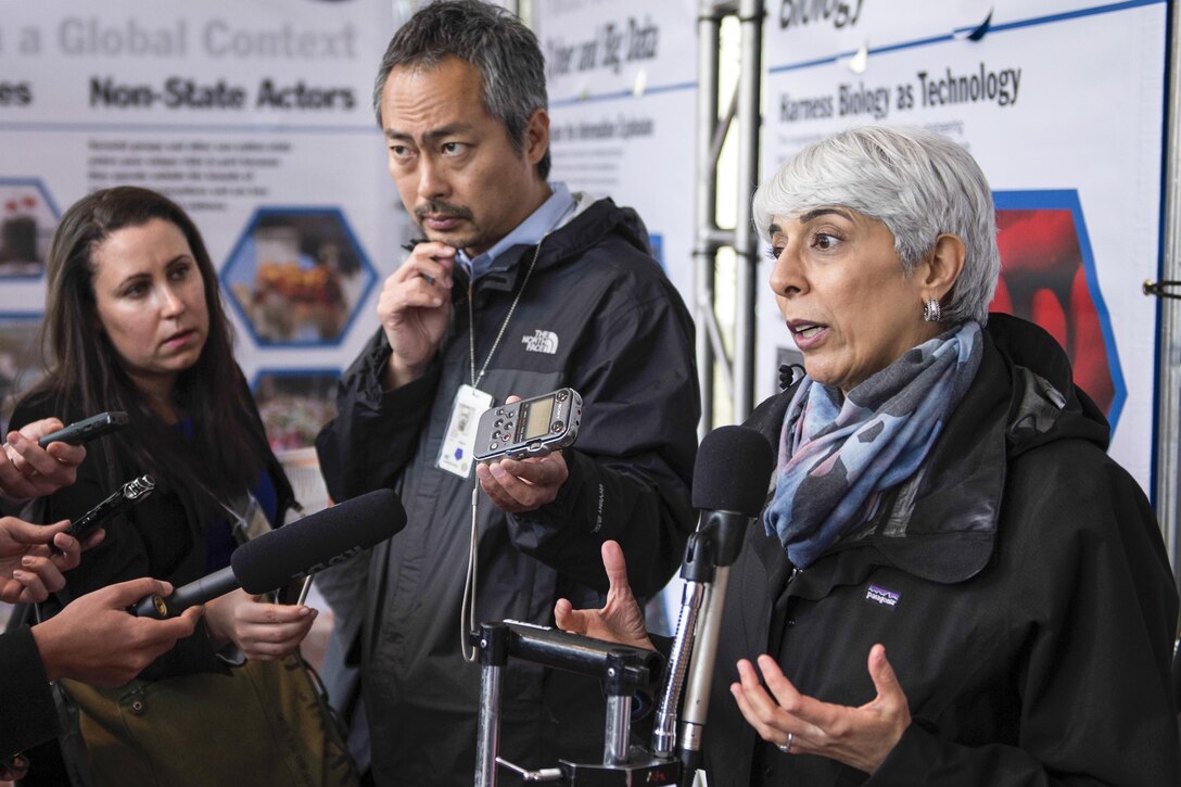 Defense Advanced Research Projects Agency Director Dr. Arati Prabhakar speaks with reporters during DARPA Demo Day 2016 at the Pentagon, May 11, 2016. DARPA Demo Day gives the Defense Department community an up-close look at the agency's portfolio of innovative technologies and military systems. DoD photo by Marine Corps Sgt. Drew Tech