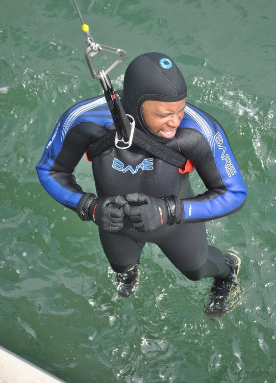 Spencer Langston, a crewmember from the M/V John A. B. Dillard, Jr., is raised out of the water by a davit system May 5. The Dillard crew conducted three days of rescue swimmer training in the San Francisco Bay May 3-5.