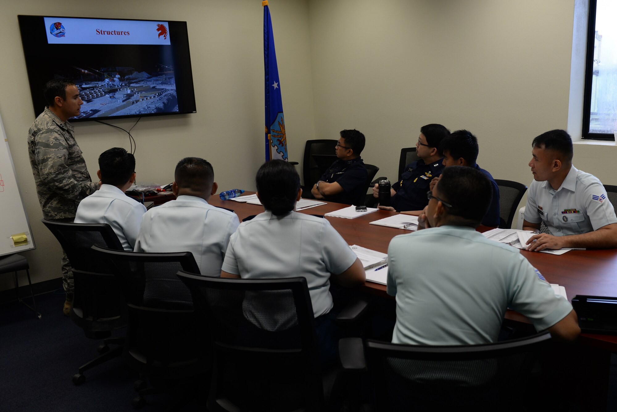 Capt. Naseem Ghandour, 554th RED HORSE Squadron civil engineer, facilitates a discussion with delegates of the Philippine Air Force and Royal Thai Air Force during the Pacific Unity multilateral tilt-up construction workshop May 10, 2016, at Andersen Air Force Base, Guam. Pacific Unity engagements facilitate the building of military partnerships, building capacity, and increasing interoperability among the U.S. Air Force and participating nations. Structures built with the tilt-up construction method are resistant to natural disasters such as typhoons, which are prevalent throughout the Indo-Asia-Pacific region. (U.S. Air Force photo by Airman 1st Class Jacob Skovo)