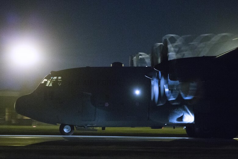 A C-130 Hercules from the 36th Airlift Squadron lands after completing a night flight mission over Yokota Air Base, Japan, May 11, 2016. The C-130H provides tactical airlift worldwide. Its flexible design allows it to operate in an austere environment. (U.S. Air Force photo by Yasuo Osakabe/Released) 