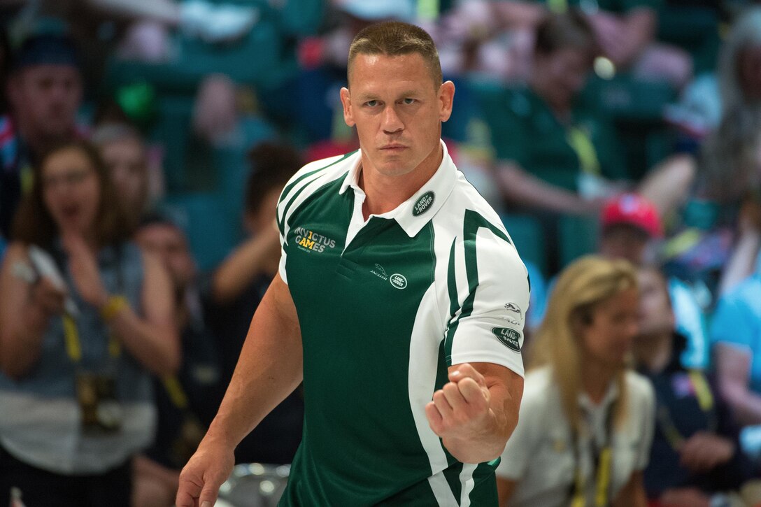 World Wrestling Entertainment superstar John Cena coaches an exhibition wheelchair rugby match in association with the 2016 Invictus Games in Orlando, Fla., May 11, 2016. DoD photo by EJ Hersom