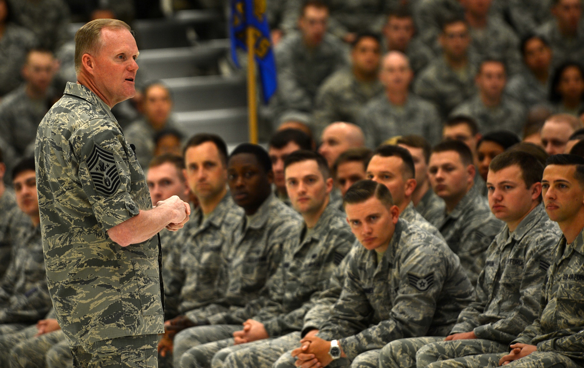 Chief Master Sgt. of the Air Force James Cody answers questions from Airmen during an “All Call” May 4, 2016 at Joint Base Lewis-McChord, Wash. Cody answered questions regarding manpower, professional military education, maternity leave and other events impacting the Air Force. (U.S. Air Force photo/Senior Airman Divine Cox)