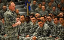 Chief Master Sgt. of the Air Force James Cody answers questions from Airmen during an “All Call” May 4, 2016 at Joint Base Lewis-McChord, Wash. Cody answered questions regarding manpower, professional military education, maternity leave and other events impacting the Air Force. (U.S. Air Force photo/Senior Airman Divine Cox)