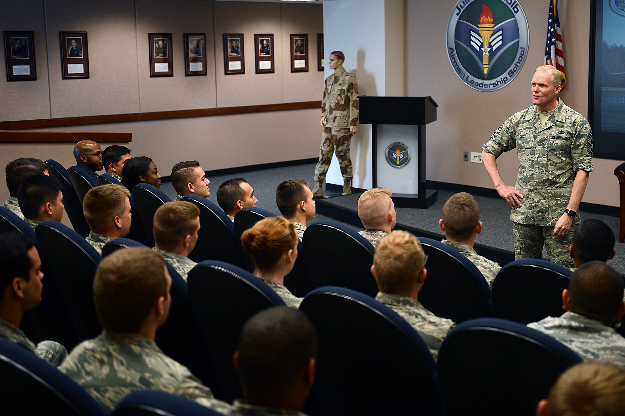 Chief Master Sgt. of the Air Force James Cody speaks with Airmen from the Julius A. Kolb Airman Leadership School and First Term Airmen Center classes May 3, 2016 at Joint Base Lewis-McChord, Wash. Cody had the opportunity to meet with the ALS and FTAC students and answer any questions they asked. (U.S. Air Force photo/Senior Airman Divine Cox)