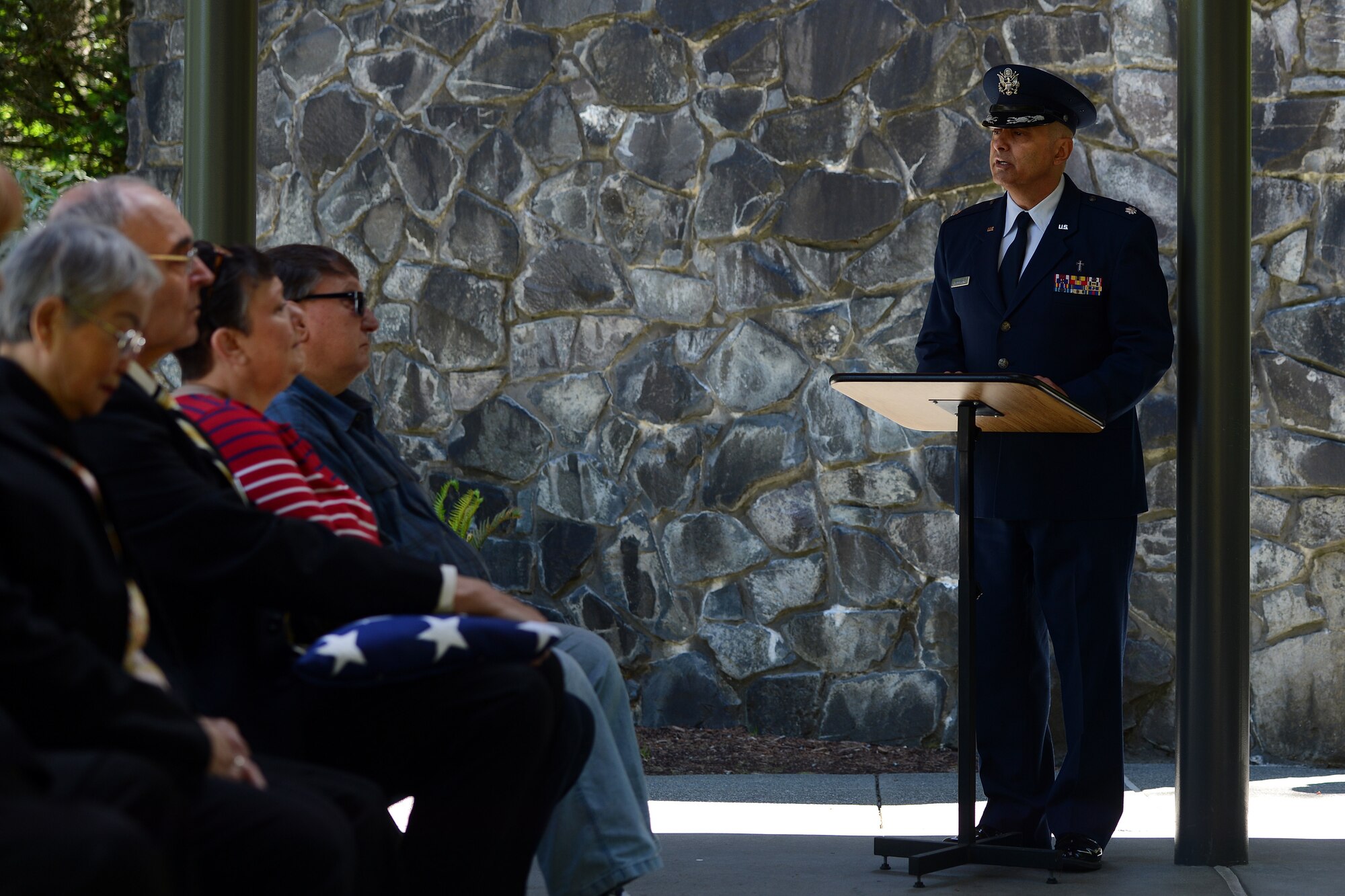 Lt. Col. Pierre Allegre, 446th Airlift Wing head chaplain, consoles the family of Airman Second Class Conrad Sprague, during an honors ceremony for Sprague, May 10, 2016, at Tahoma National Cemetery in Kent, Wash. A Washington native, Airman Second Class Conrad Sprague was survived by his wife Dorothy Jean and his three children Denis, Christopher and Constance. (U.S. Air Force photo/Senior Airman Jacob Jimenez)  