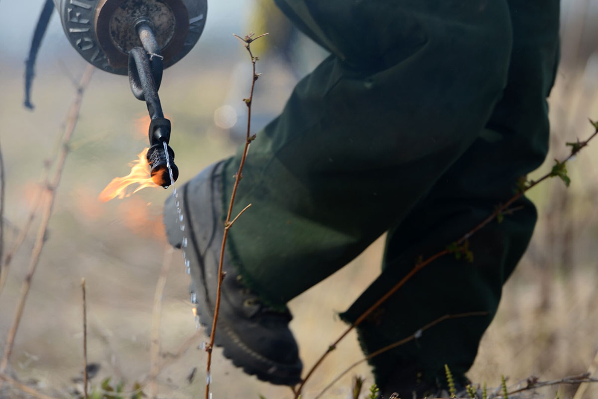 A crewmember with the Alaska Division of Forestry uses a drip torch to burn grass at Grezelka range, Alaska, May 2, 2016. According to the National Oceanic and Atmospheric Administration, last winter in Alaska was the second warmest on record dating back to 1925. Combined with record-low snowfall and precipitation, the chance of fire activity greatly increases as combustible dry detritus accumulates. Controlled burns reduce the chance of spot fires by removing excess dry brush and grass. (U.S. Air Force photo by Airman 1st Class Christopher R. Morales)