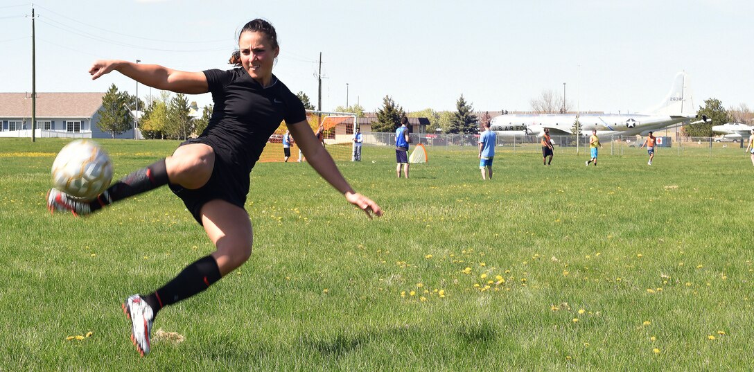 Airman 1st Class Jessica Ortiz-Villa, 741st Missile Security Forces Squadron tactical response force member, practices handling a soccer ball May 1, 2016, at Malmstrom Air Force Base, Mont. Ortiz-Villa was given the opportunity to try out for the Armed Forces Soccer Team, and if accepted will play in a tournament in France. (U.S. Air Force photo/Senior Airman Jaeda Tookes)