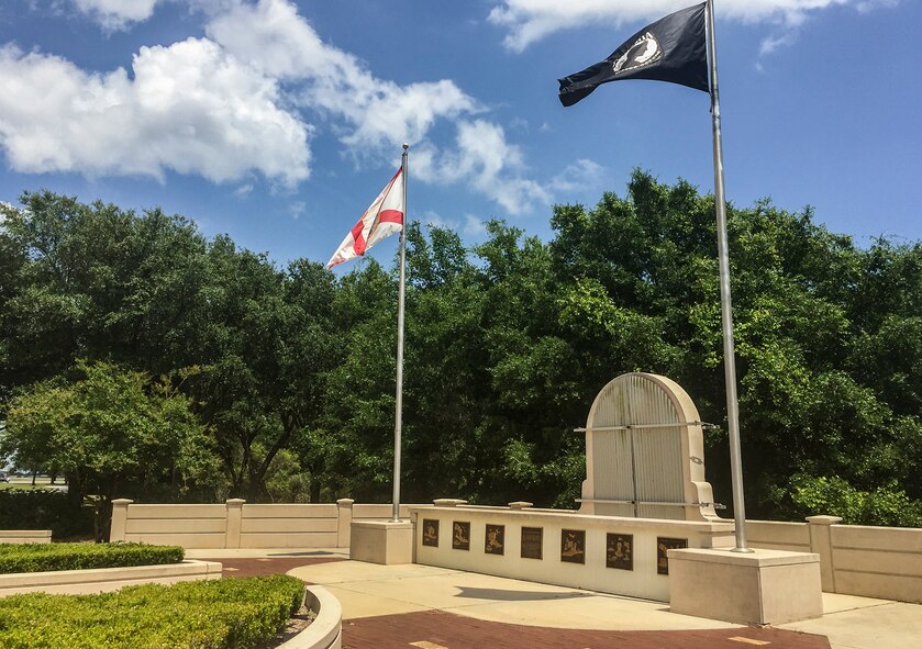 Storm shutters cover a stained-glass display at the All-Wars Memorial during the base’s week-long hurricane exercise May 12 at Eglin Air Force Base, Fla.  Base personnel practiced the procedures of each hurricane condition and base evacuation in response to simulated Hurricane Mako.  The exercise is an annual event to prepare Eglin for the upcoming hurricane season.  (U.S. Air Force photo/Samuel King Jr.)