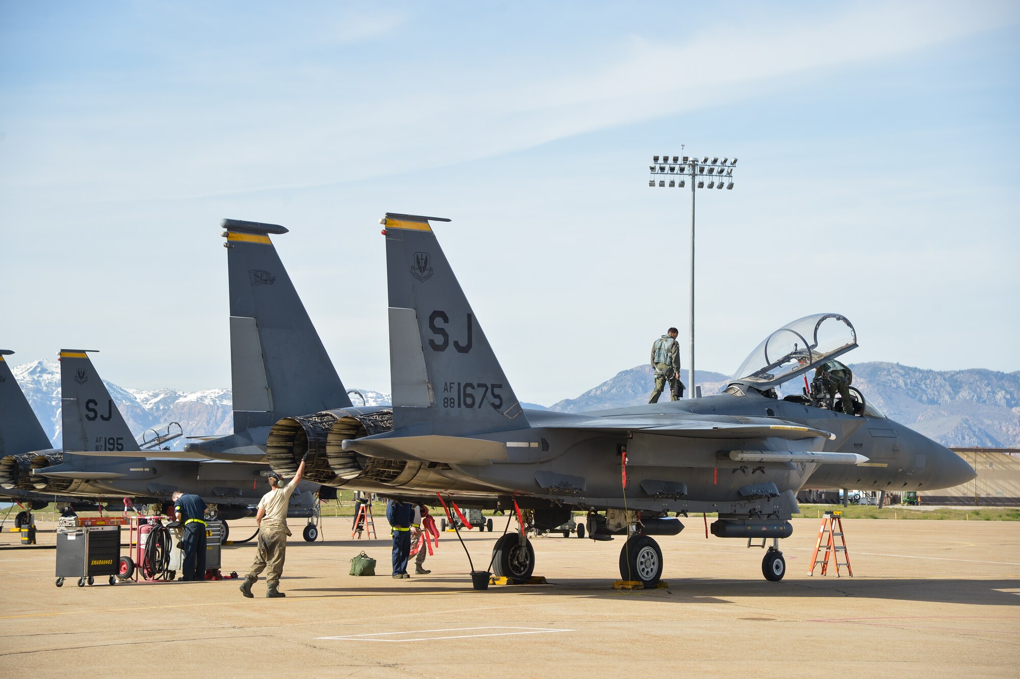 Airmen from the 4th Fighter Wing, Seymour Johnson Air Force Base, N.C., ready an F-15 Strike Eagle aircraft for flight May 4 at Hill AFB, Utah.  The F-15s, along with other fighter and bomber aircraft, participated in the U.S. Air Force air-to-ground weapons evaluation known as Combat Hammer. Combat Hammer, which runs until May 14, tests and validates the performance of crews, pilots and their technology while deploying precision-guided munitions.  (U.S. Air Force photo by R. Nial Bradshaw)