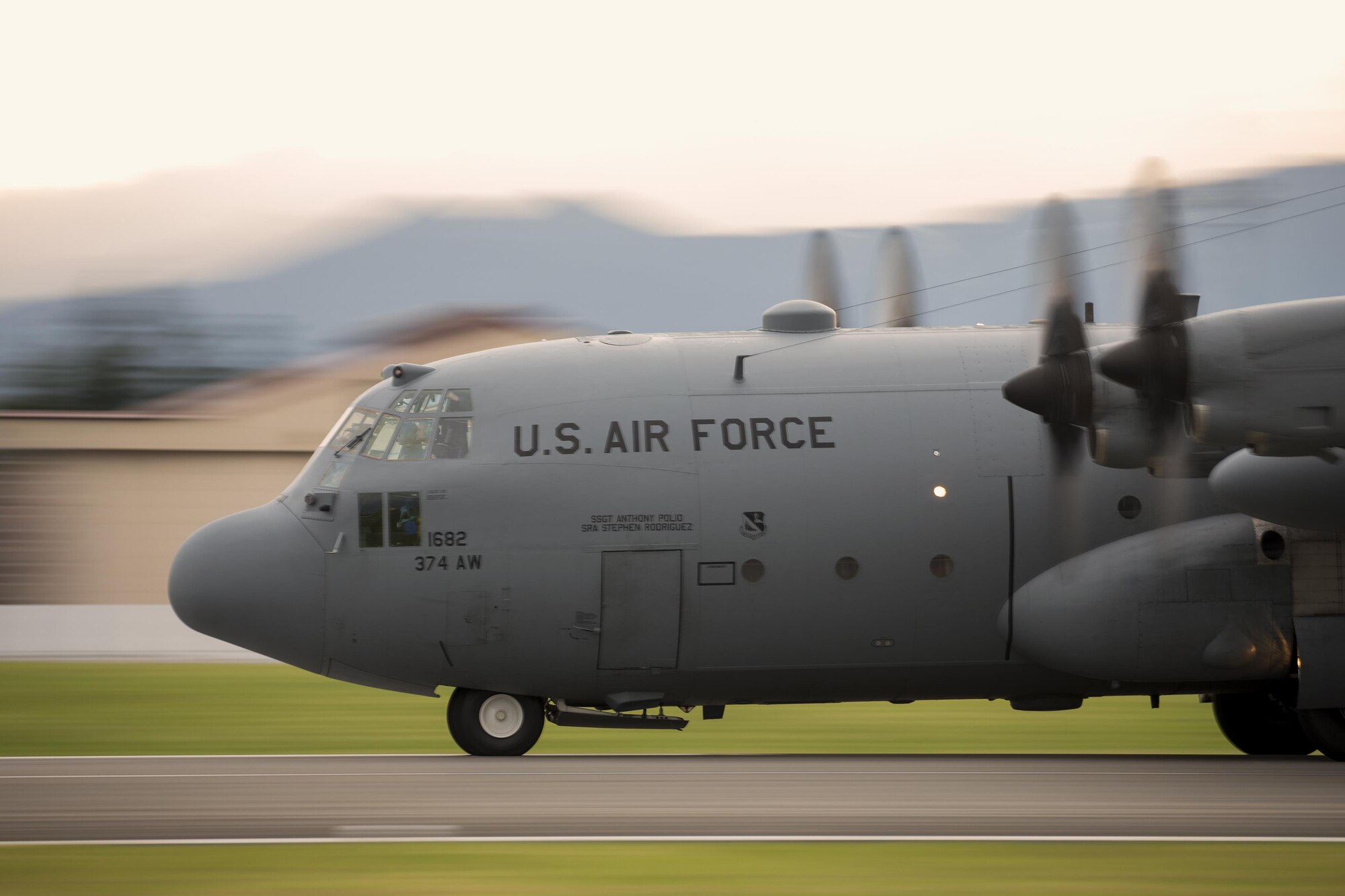 A C-130 Hercules takes off at Yokota Air Base, Japan, May 11, 2016, during Jump Week. The 36th Airlift Squadron provided airlift supports to U.S. Marine Corp’s weeklong jump training. (U.S. Air Force photo by Yasuo Osakabe/Released) 