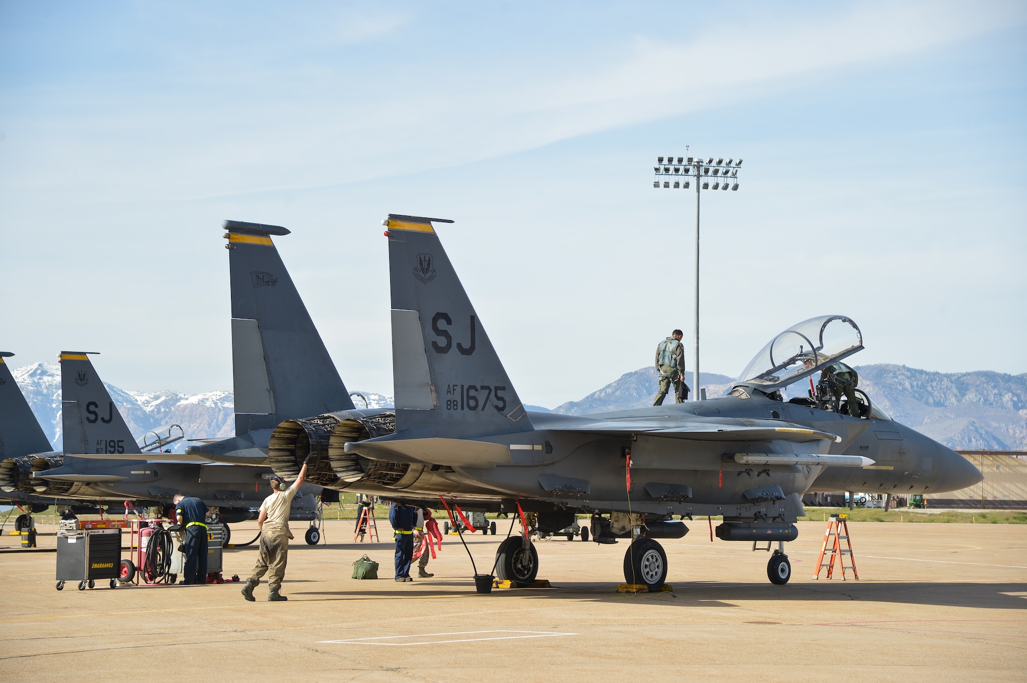 Airmen from the 4th Fighter Wing, Seymour Johnson Air Force Base, North Carolina, ready an F-15E Strike Eagle aircraft for flight, May 4, 2016, at Hill AFB, Utah. The F-15Es, along with other fighter and bomber aircraft, participated in the U.S. Air Force air-to-ground weapons evaluation known as Combat Hammer. (U.S. Air Force photo by R. Nial Bradshaw)