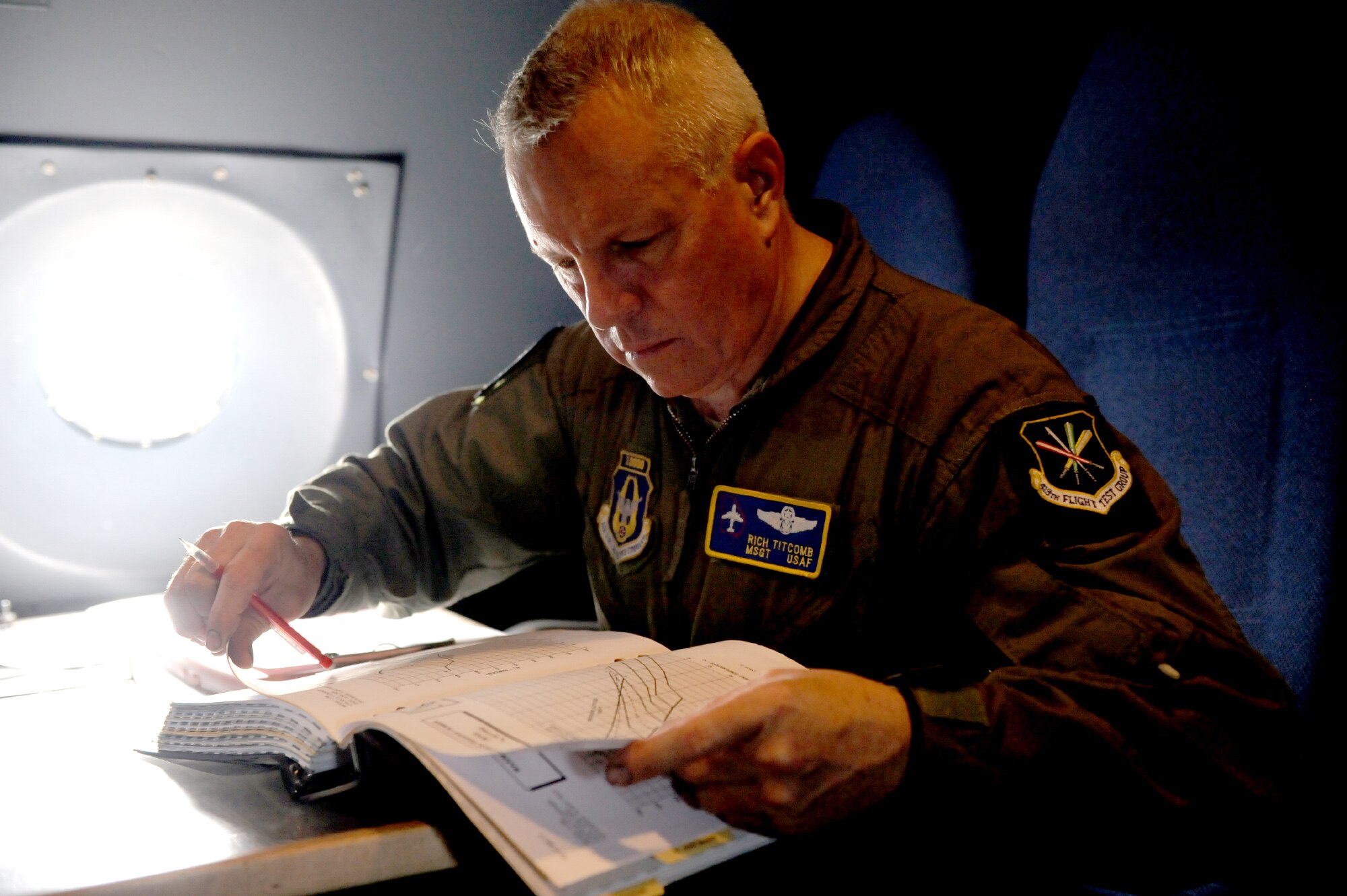 Master Sgt. Richard Titcomb, C-5 Flight Engineer, conducts pre-flight checks prior to a test flight of a C-5 Galaxy from Dover Air Force Base, Delaware. (U.S. Air Force photo by Ray Crayton)
