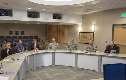 Defense Secretary Ashton Carter (third from left) participates in discussions on space issues with U.S. Navy Adm. Cecil D. Haney, U.S. Strategic Command commander (second from left); Mr. Douglas L. Loverro (SES,) Deputy Assistant Secretary of Defense for Space Policy (right); Ms. Betty Sapp, National Reconnaissance Office director (left); U.S. Air Force Gen. John E. Hyten, Air Force Space Command commander (third from right); and leaders from the Joint Interagency Combined Space Operations Center (JICSpOC) during his visit to Schriever Air Force Base, Colo., May 12, 2016. The JICSpOC became operational in October 2015 through the partnership and collaborative efforts of USSTRATCOM, the National Reconnaissance Office, Air Force Space Command, and the intelligence community to enable a greater unity of effort between DoD and the intelligence community as they confront the challenges of operating in space. These capabilities enable a greater unity of effort between DoD and the intelligence community as they confront the challenges of operating in space. Also pictured are U.S. Air Force Lt. Gen. David J. Buck, 14th Air Force (Air Forces Strategic) and USSTRATCOM Joint Functional Component Command for Space commander (second from right), and U.S. Air Force Col. Todd Brost, JICSpOC director (center). One of nine DoD unified combatant commands, USSTRATCOM has global strategic missions, assigned through the Unified Command Plan, which include strategic deterrence; space operations; cyberspace operations; joint electronic warfare; global strike; missile defense; intelligence, surveillance and reconnaissance; combating weapons of mass destruction; and analysis and targeting. (U.S. Air Force photo by Christopher DeWitt)