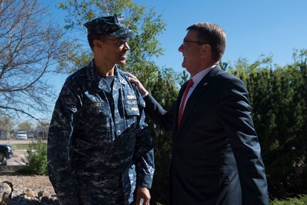 Navy Adm. Cecil D. Haney, commander of U.S. Strategic Command, greets Defense Secretary Ash Carter as Carter arrives at the Joint Interagency Combined Space Operations Center at Schriever Air Force Base, Colo., May 12, 2016. (DoD photo by Air Force Senior Master Sgt. Adrian Cadiz)
