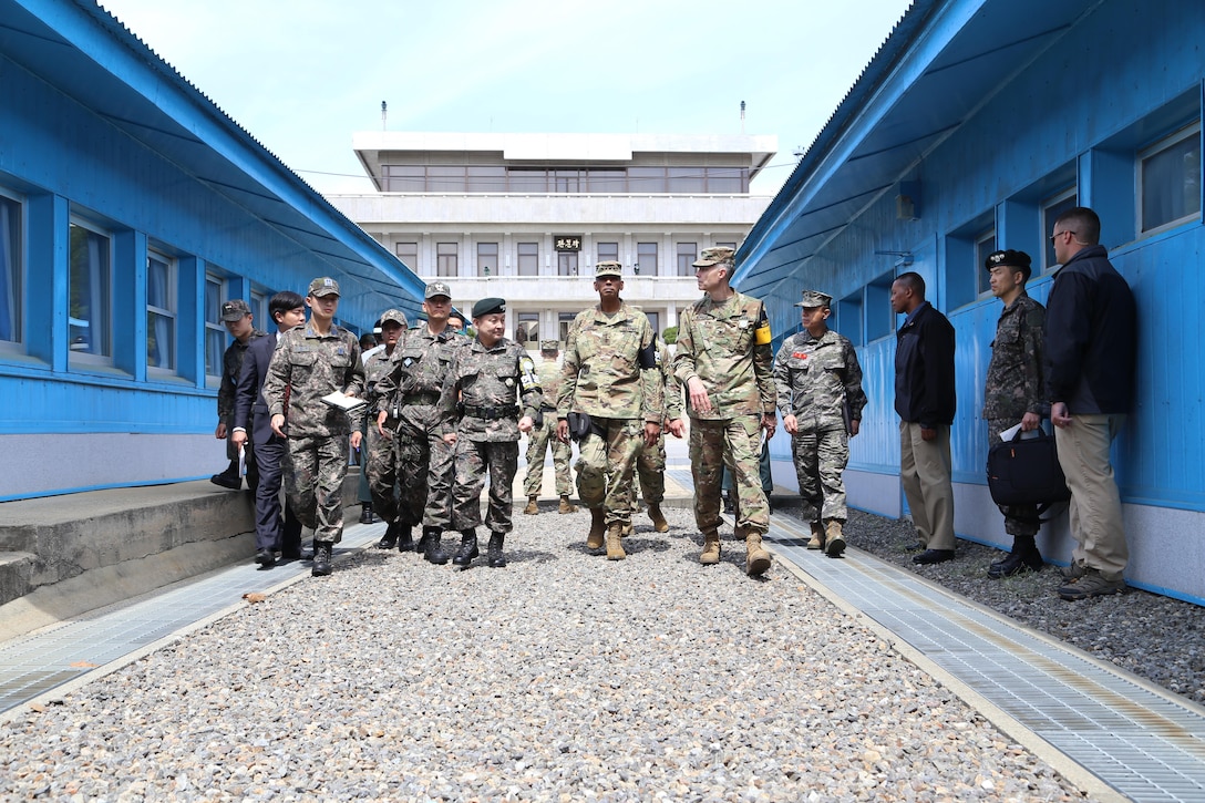 Gen. Vincent K. Brooks, United Nations Command, Combined Forces Command, and U.S. Forces Korea commander, tours the Joint Security Area during a visit to the DMZ, May 12. (U.S. Army Photo by Sgt. Russell Youmans, Command Photographer)