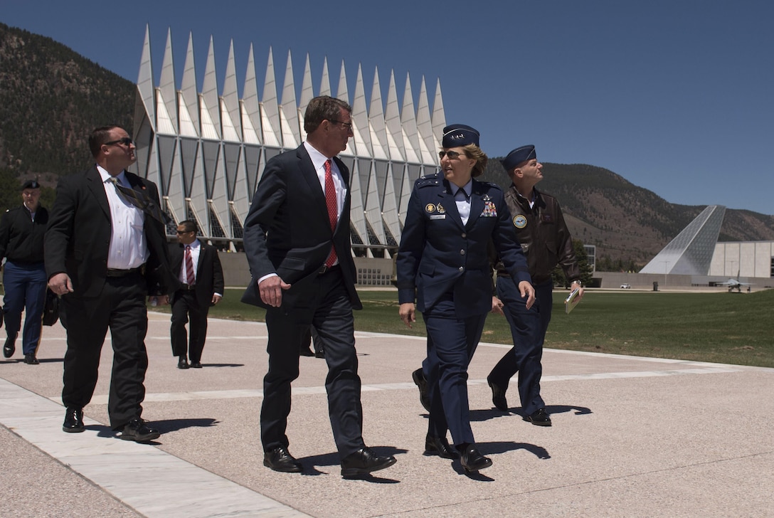 Defense Secretary Ash Carter walks with Air Force Lt. Gen. Michelle Johnson, superintendent of the U.S. Air Force Academy, upon arriving at the academy in Colorado Springs, Colo., May 12, 2016. DoD photo by Air Force Senior Master Sgt. Adrian Cadiz