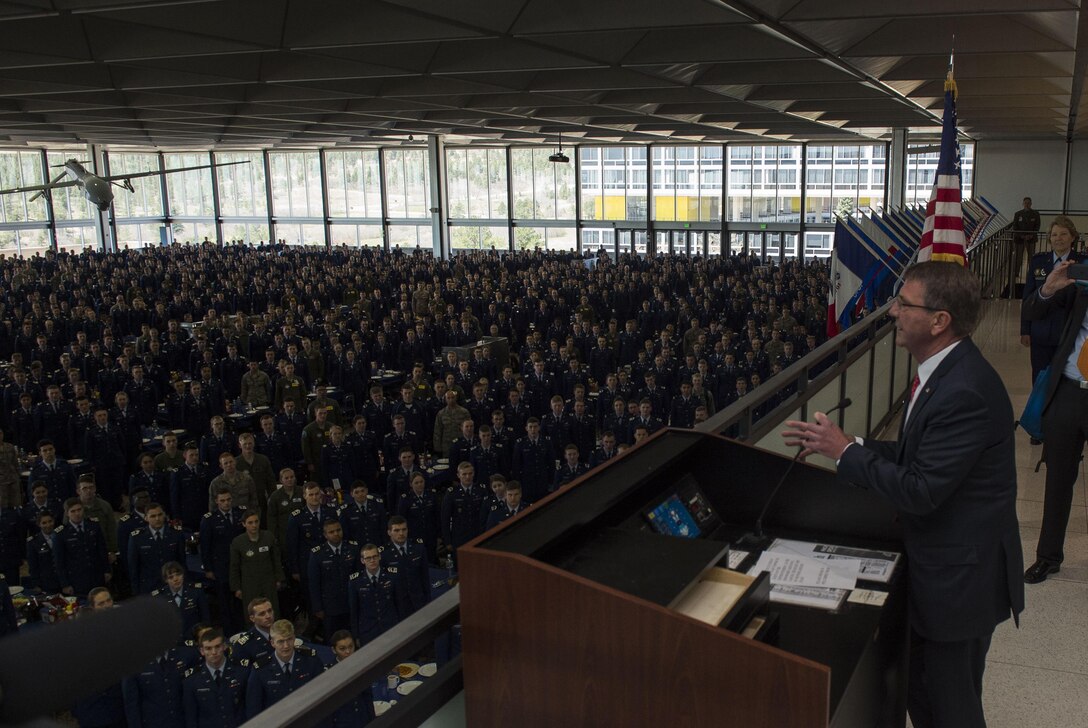 Defense Secretary Ash Carter greets U.S. Air Force Academy cadets from the staff tower before he joins them for lunch in Colorado Springs, Colo., May 12, 2016. DoD photo by Air Force Senior Master Sgt. Adrian Cadiz