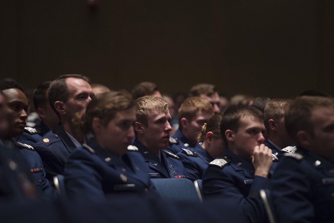 U.S. Air Force Academy cadets listen to Defense Secretary Ash Carter as he speaks during a campus visit in Colorado Springs, Colo., May 12, 2016. DoD photo by Air Force Senior Master Sgt. Adrian Cadiz