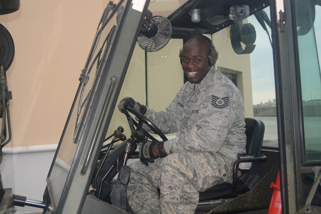 Tech. Sgt. William Jacobs, special handling supervisor with the 71st Aerial Port Squadron, poses for a photo at Aviano Air Base, Italy, May 3, 2016. Jacobs is participating in proficiency-enhancement training at the 724th Air Mobility Squadron's small air terminal Aviano Air Base, Italy, during his annual training. (U.S. Air Force photo/Staff Sgt. Joe Yanik)