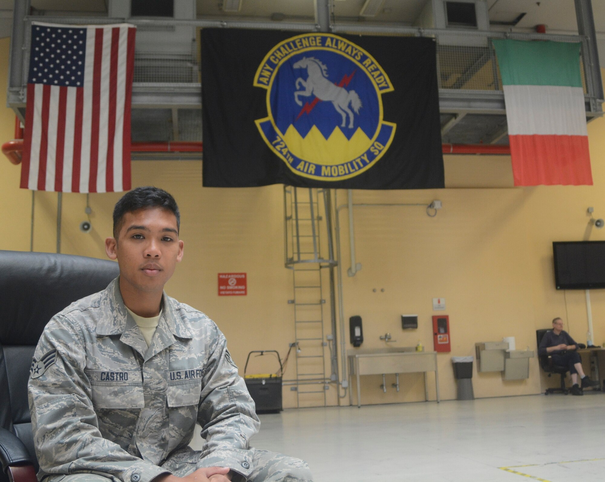 Senior Airman Andrew Castro, 71st Aerial Port Squadron, poses for a photo at Aviano Air Base, Italy, May 3, 2016. Castro, load planning specialist, specializes in the Load Planning section of the Air Force's air transportation career field and spent his unit's two-week job proficiency-enhancing tour in May at the 724th Air Mobility Squadron's small air terminal at Aviano Air Base. (U.S. Air Force photo/Staff Sgt. Joe Yanik)