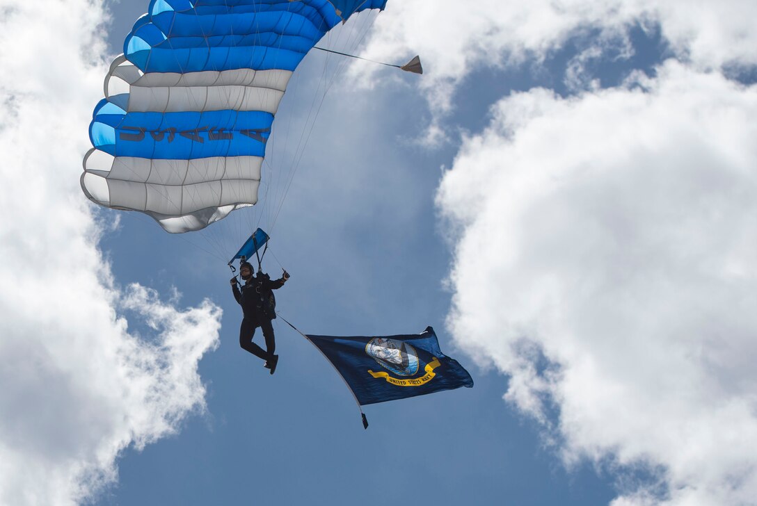 A U.S. Air Force Academy cadet parachutes during a demonstration for Defense Secretary Ash Carter (not pictured) as he tours the campus in Colorado Springs, Colo., May 12, 2016. DoD photo by Air Force Senior Master Sgt. Adrian Cadiz