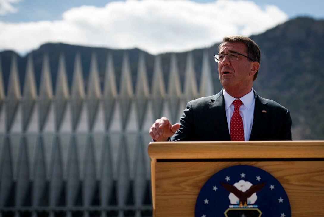 Defense Secretary Ash Carter speaks with reporters at the U.S. Air Force Academy in Colorado Springs, Colo., May 12, 2016. DoD photo by Air Force Senior Master Sgt. Adrian Cadiz