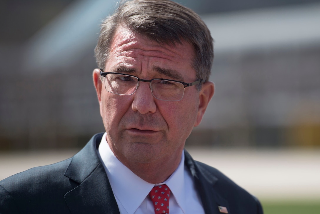 Defense Secretary Ash Carter listens to a reporter's question during a press briefing at the U.S. Air Force Academy in Colorado Springs, Colo., May 12, 2016. DoD photo by Air Force Senior Master Sgt. Adrian Cadiz