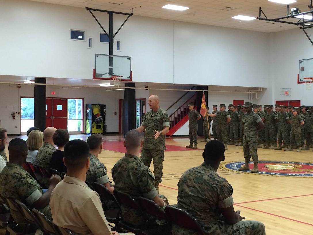 As part of the Headquarters and Service Company (H&S Co) Change of Command ceremony on May 13, 2016 Colonel Scott A. Baldwin, Marine Corps Engineer School Commanding Officer; explains the unique situations of being a H&S Co company commander, provides remarks to the outgoing and incoming company commanders; and those in attendance.