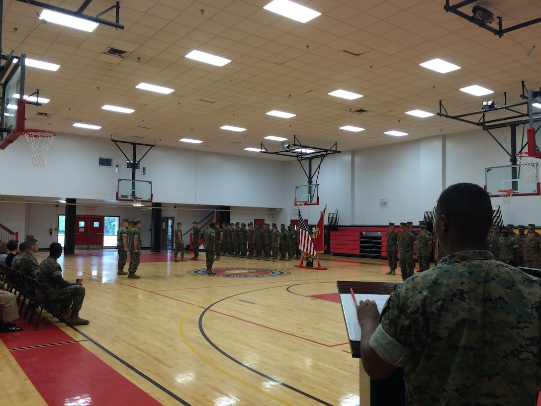 On May 13, 2016 the Marines of Headquarters and Service Company, Marine Corps Engineer School participated in a Change of Command Ceremony in which Captain Zack A. Pinkerton relinquished command to Captain Mark Kand. The change of command ceremony is a formal tradition, symbolizing the continuity of the authority of command. It is a transfer of total responsibility, authority and accountability from one officer to another and is usually conducted before the assembled company of the command.