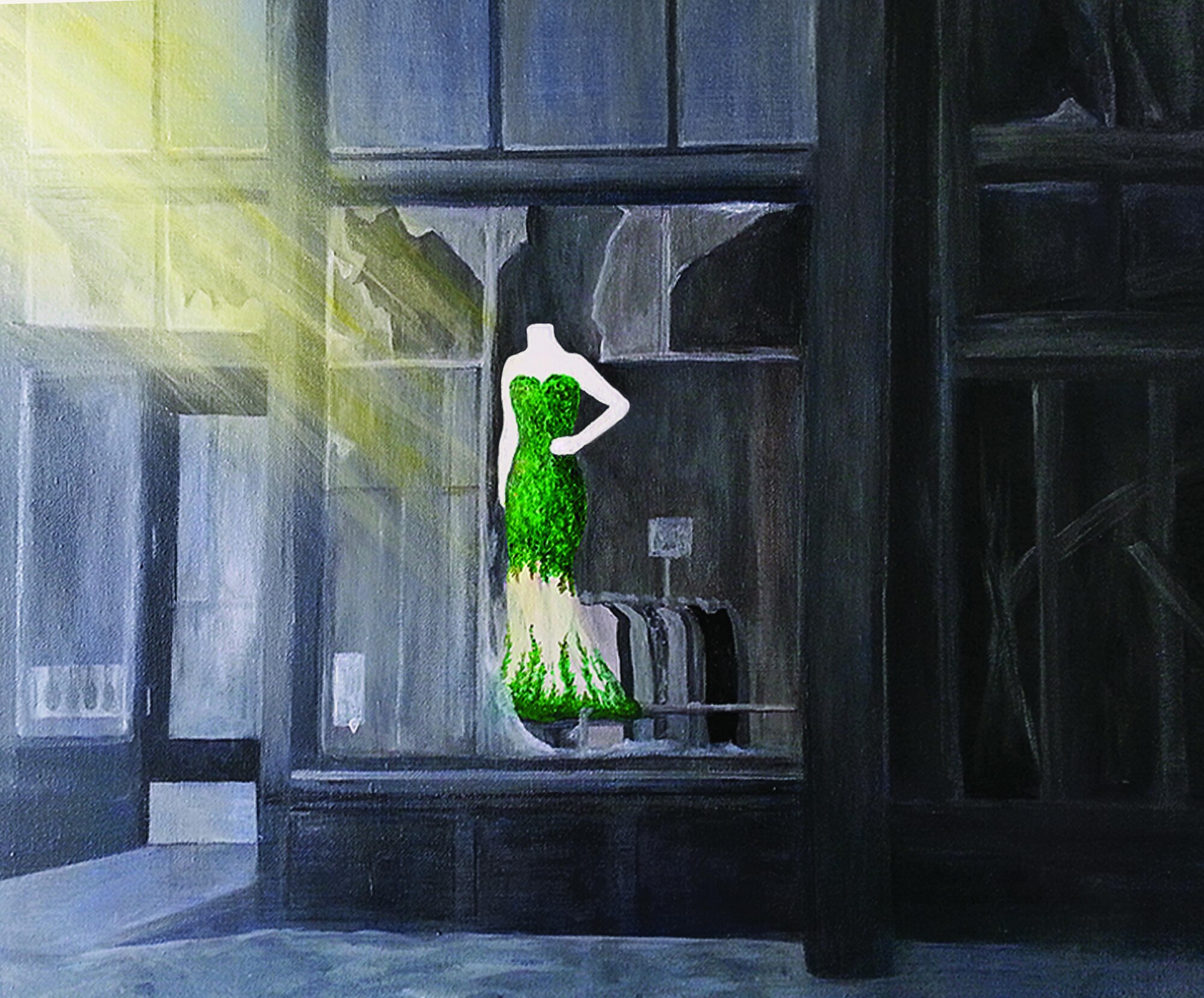 Lisa Gill’s painting, one of 37 pieces of art selected by the Old Market Business Association, depicts a green dress sitting in a charred display window of the Mercer Building in downtown Omaha, Neb.  As Omaha firefighters fought to extinguish the flames threatening the century-old building, Lisa was struck by the solitary mannequin in the window amidst the chaos.  (Courtesy photo)