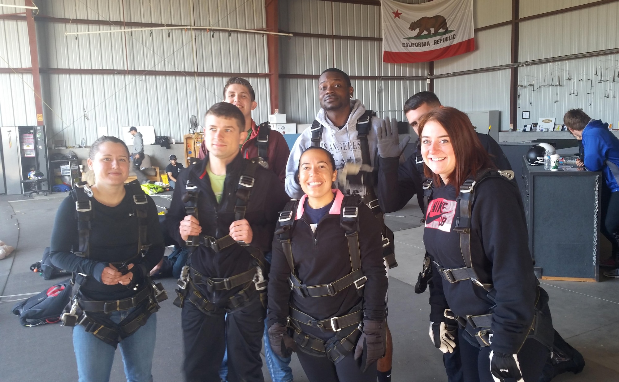 Airmen from Team Vandenberg gear up during “Leap of Faith” program, April 30, 2016, Lompoc, Calif. The half-day program included a tandem parachute jump from an altitude of 13,000 feet, allowing ones spiritual faith to provide stability even if your life is in free fall. 