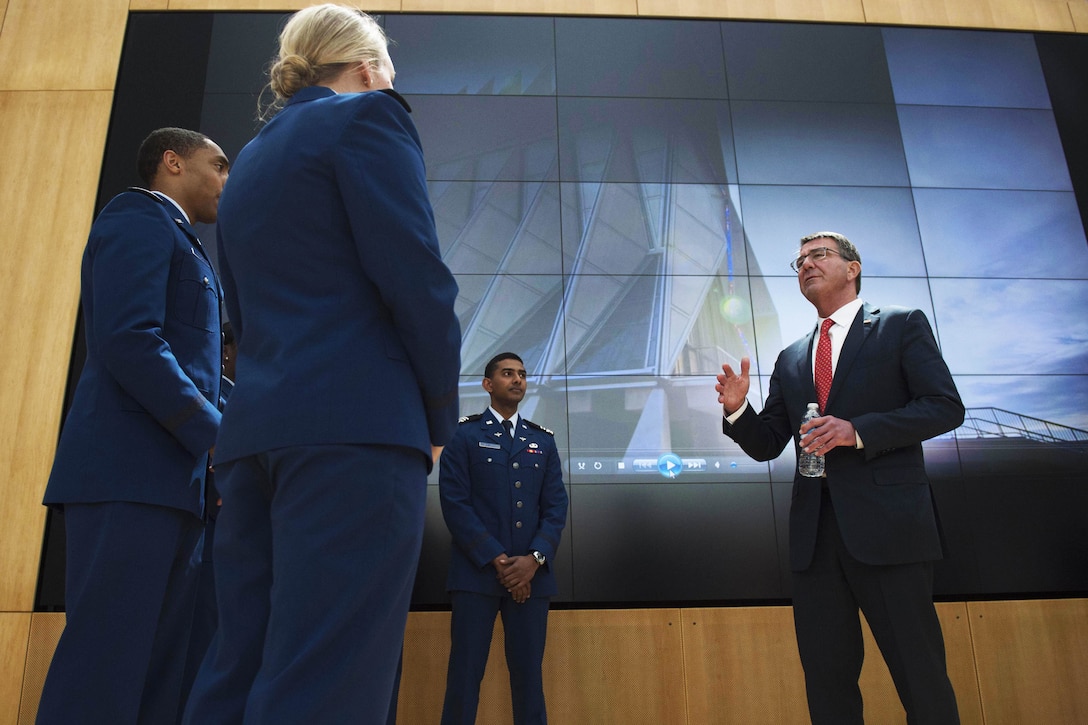 Defense Secretary Ash Carter speaks with U.S. Air Force Academy cadets during a tour of the campus in Colorado Springs, Colo., May 12, 2016. DoD photo by Air Force Senior Master Sgt. Adrian Cadiz