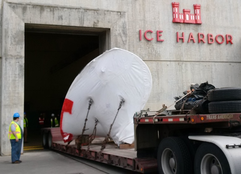 The new, high-tech replacement turbine for Ice Harbor’s hydroelectric generator Unit-2 was delivered in segments by truck and assembled inside the powerhouse. 