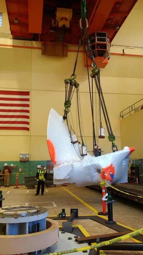 The new, high-tech replacement turbine for Ice Harbor’s hydroelectric generator Unit-2 was delivered in segments by truck and assembled inside the powerhouse. 