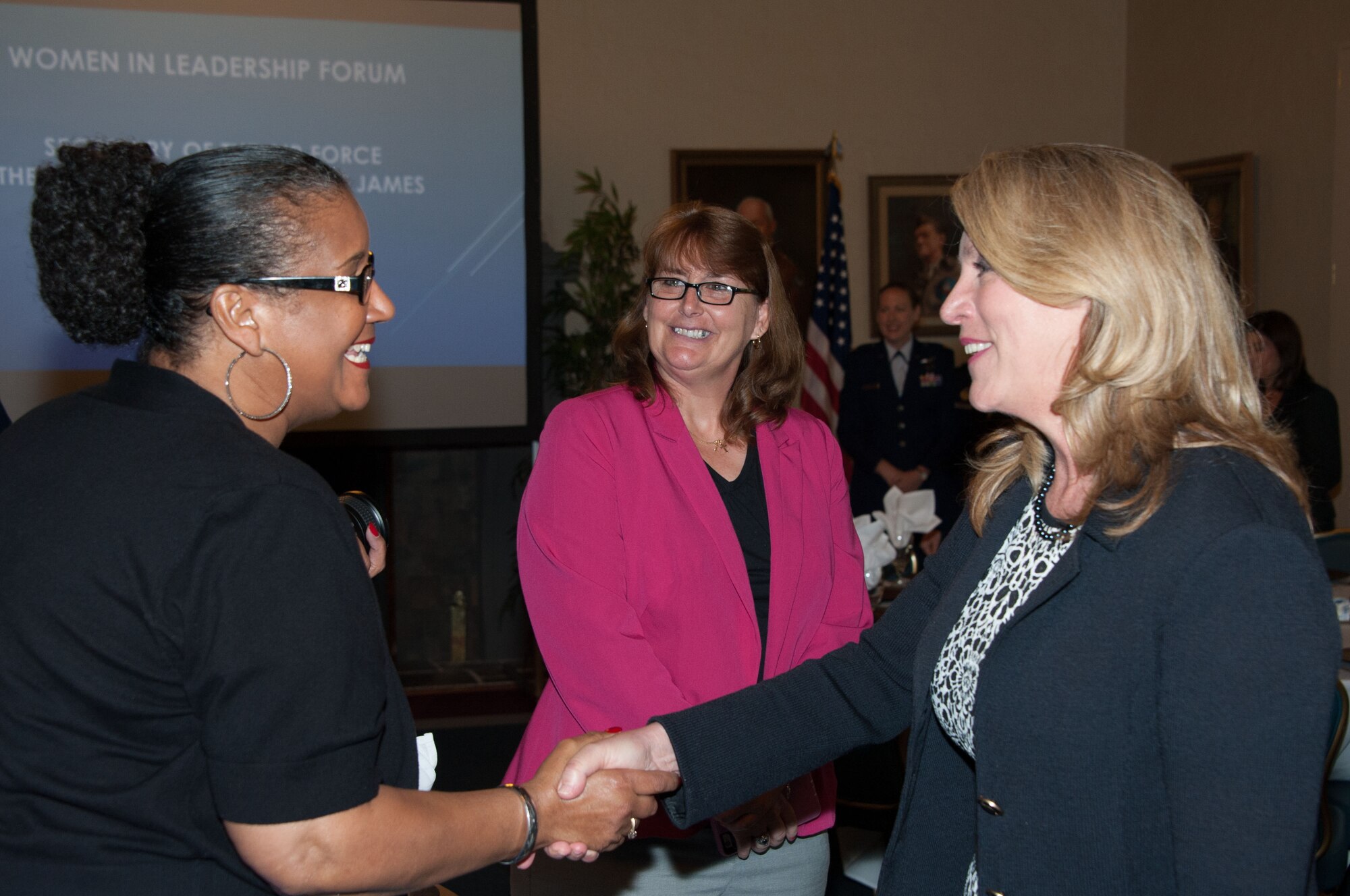 Secretary of the Air Force Deborah Lee James meets with women from across the base during the Women in Leadership Luncheon, May 3, 2016, Maxwell Air Force Base, Ala. James was the honored guest speaker at the event. (U.S. Air Force photo/Bud Hancock)