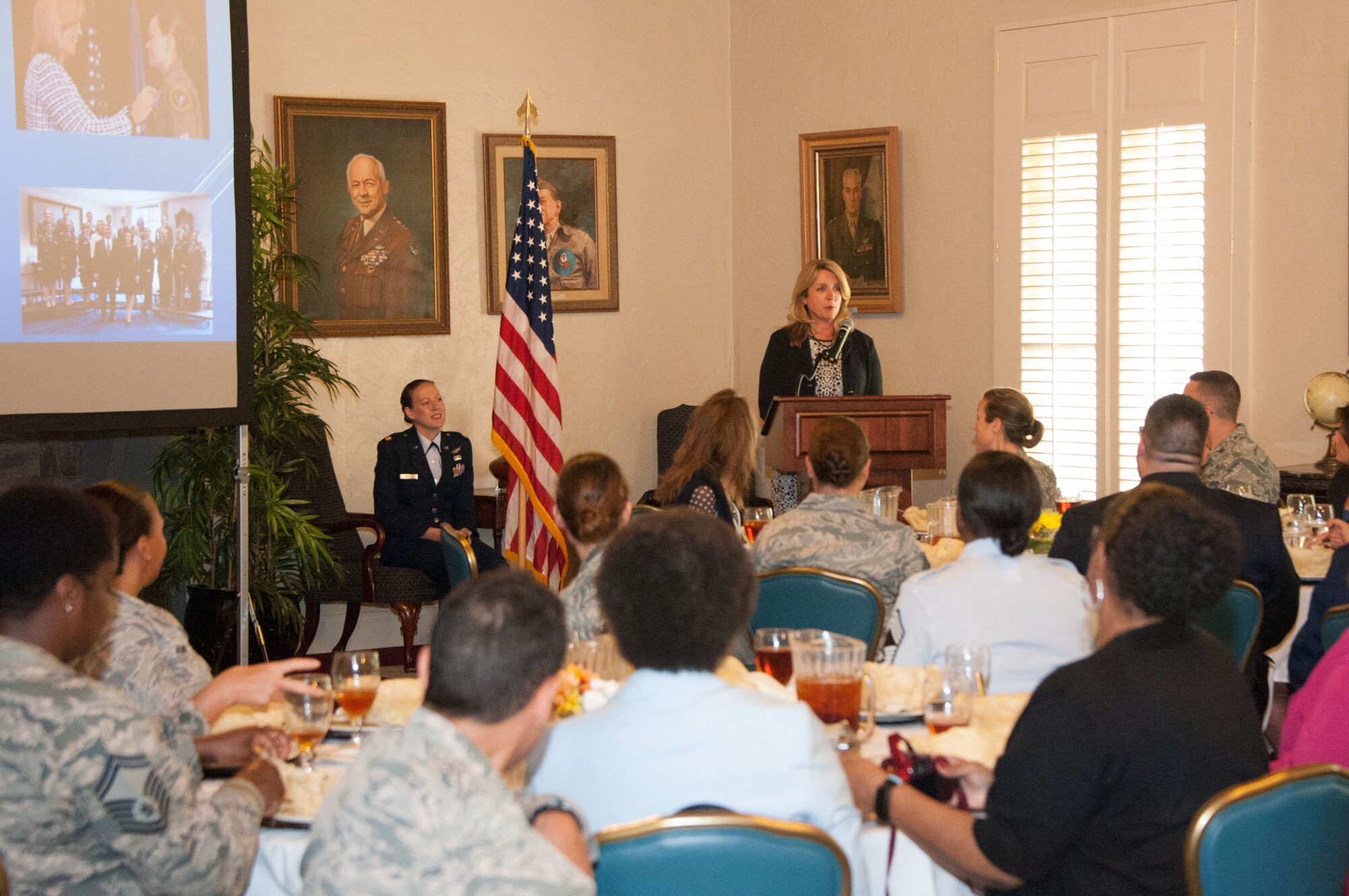 Secretary of the Air Force Deborah Lee James speaks at the Women in Leadership Luncheon, May 3, 2016, Maxwell Air Force Base, Ala. James shared her experiences and life lessons throughout her career and informed the audience of the new policies in place to help better retain women in the military. (U.S. Air Force photo/ Bud Hancock)