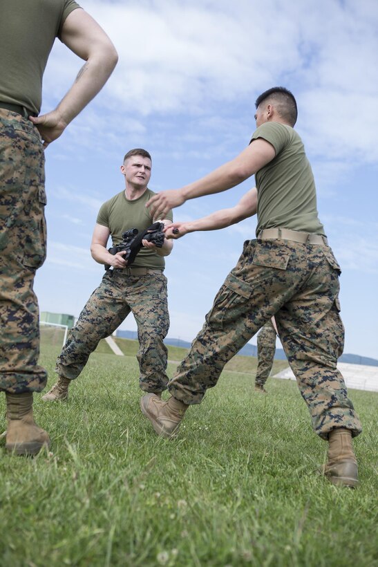 Marines with 4th Law Enforcement Battalion, Force Headquarters Group, Marine Forces Reserve, practice the counter to an overhand grab during exercise Platinum Wolf 2016 at Peacekeeping Training Operations Center South Base in Bujanovac, Serbia, May 10, 2016. The Marines join six other partner nations including Bosnia, Bulgaria, Macedonia, Montenegro, Slovenia and Serbia to conduct peacekeeping operations and non-lethal weapons training, and also take advantage of the extra time during the annual training to advance in the Marine Corps Martial Arts Program. (U.S. Marine Corps photo by Sgt. Sara Graham)