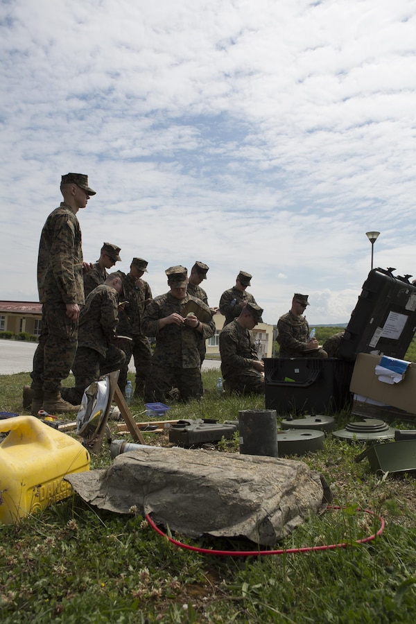 - Marines with 4th Law Enforcement Battalion, Force Headquarters Group, Marine Forces Reserve, listen attentively at a counter IED class during exercise Platinum Wolf 2016 at Peacekeeping Training Operations Center South Base in Bujanovac, Serbia, May 10, 2016. The Marines join six other partner nations including Bosnia, Bulgaria, Macedonia, Montenegro, Slovenia and Serbia to conduct peacekeeping operations and non-lethal weapons training over the course of two weeks. (U.S. Marine Corps photo by Sgt. Sara Graham)