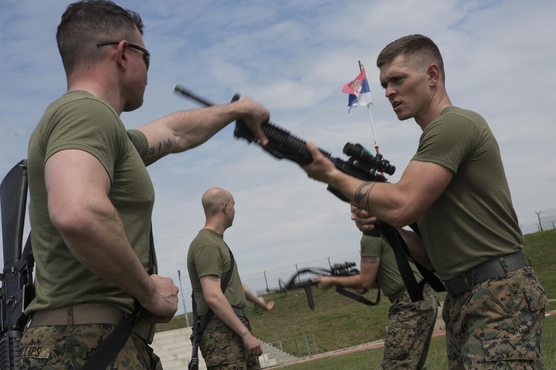 Marines with 4th Law Enforcement Battalion, Force Headquarters Group, Marine Forces Reserve, practice the counter to an overhand grab during exercise Platinum Wolf 2016 at Peacekeeping Training Operations Center South Base in Bujanovac, Serbia, May 10, 2016. The Marines join six other partner nations including Bosnia, Bulgaria, Macedonia, Montenegro, Slovenia and Serbia to conduct peacekeeping operations and non-lethal weapons training, and also take advantage of the extra time during the annual training to advance in the Marine Corps Martial Arts Program. (U.S. Marine Corps photo by Sgt. Sara Graham)